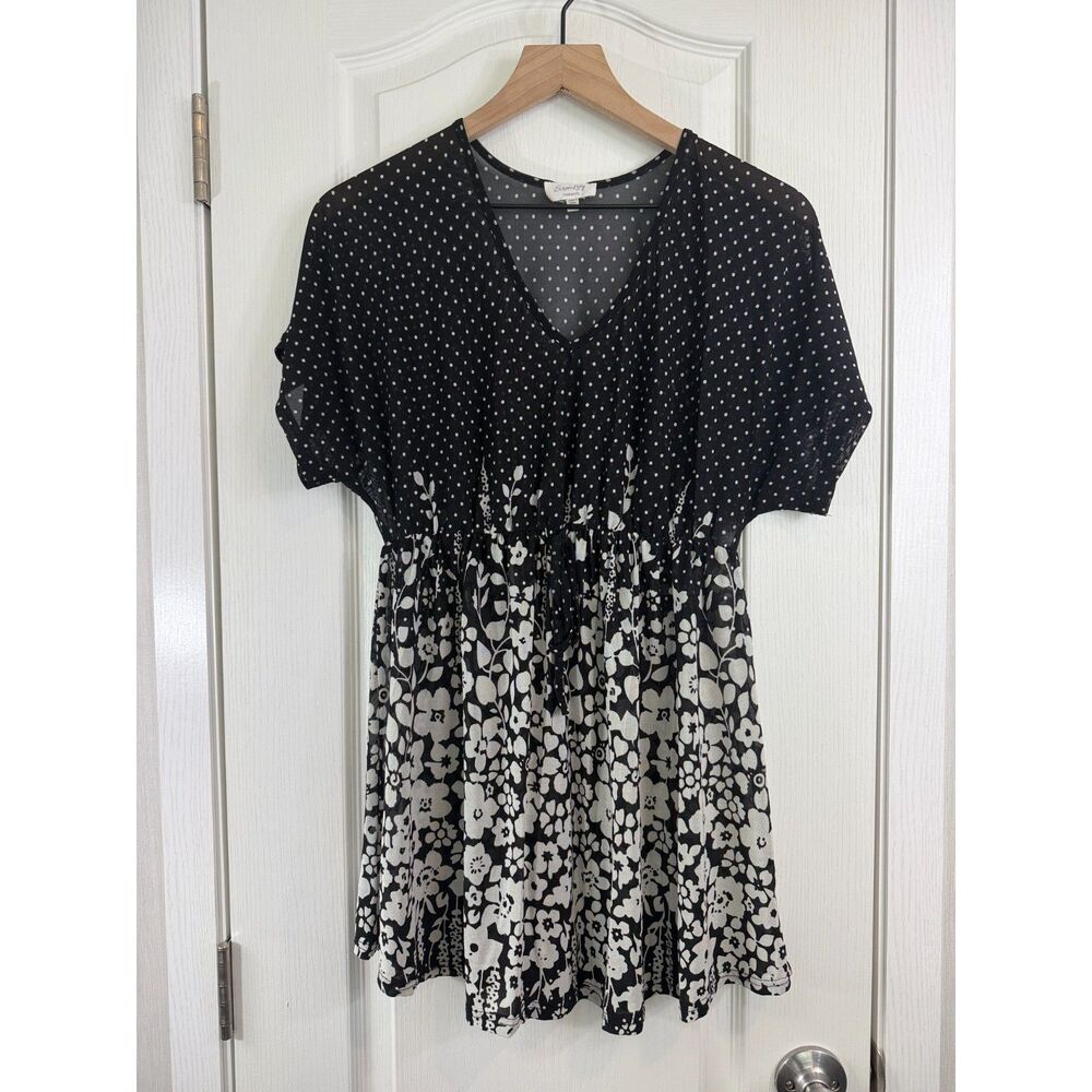 Siren Lily Maternity Top Womens M Black White Polka Dot Floral V Neck Tunic
